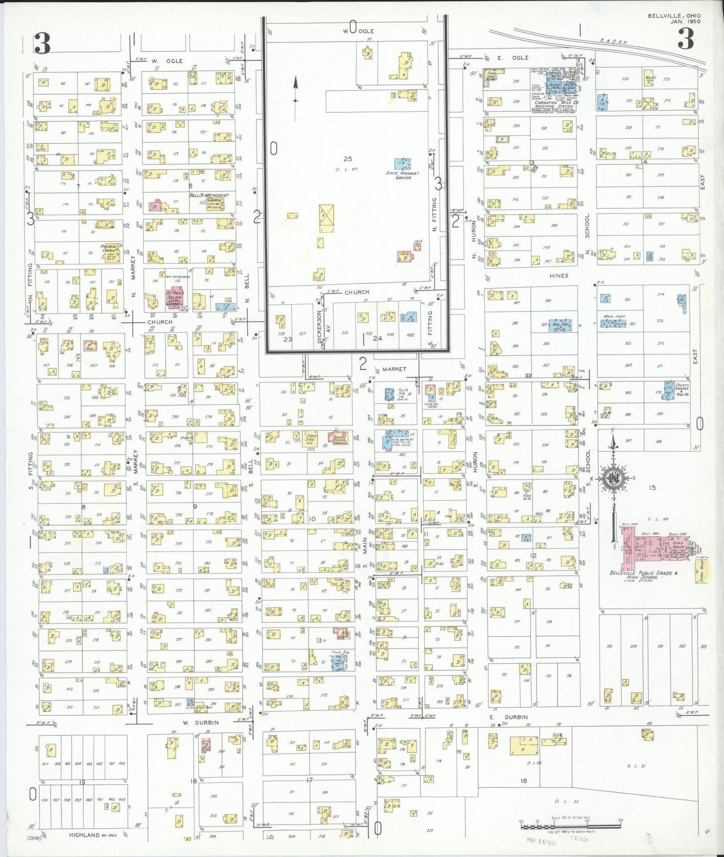 Sanborn Fire Insurance Map from Bellville, Richland County, Ohio (1950), Sheet #0003 - Historic Sanborn Fire Insurance Map Print, vintage old map wall art, antique decor, genealogy gift, Ohio Ohio map
