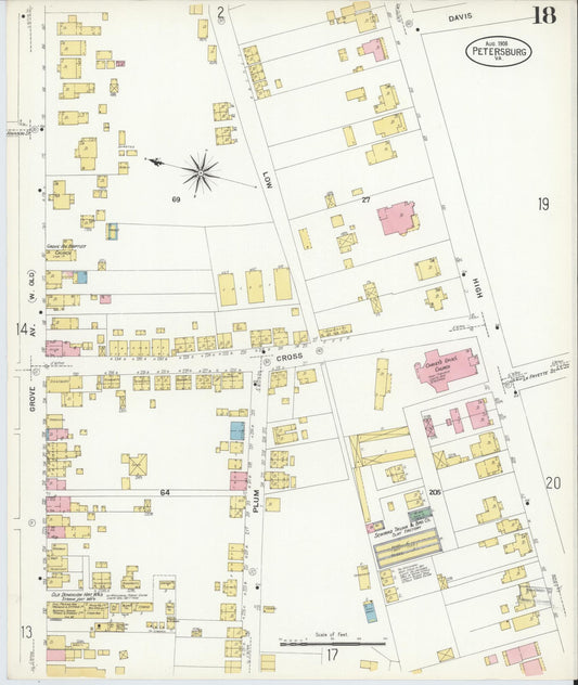 Sanborn Fire Insurance Map from Petersburg, Independent Cities, Virginia (1908), Sheet #0018 - Historic Sanborn Fire Insurance Map Print, vintage old map wall art, antique decor, genealogy gift, Virginia Virginia map