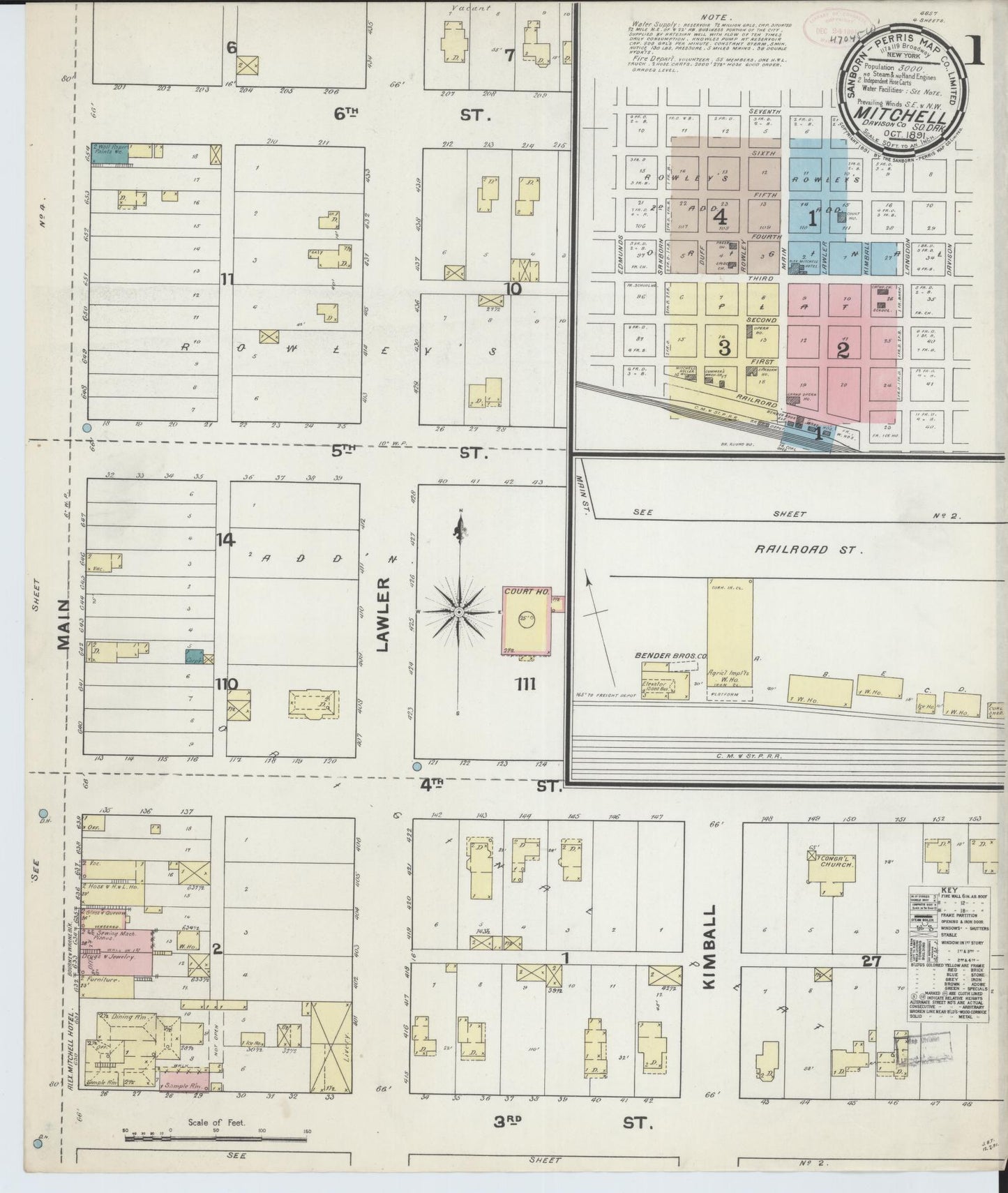 Sanborn Fire Insurance Map from Mitchell, Davison County, South Dakota (1891), Sheet #0001 - Historic Sanborn Fire Insurance Map Print, vintage old map wall art, antique decor, genealogy gift, South Dakota South Dakota map
