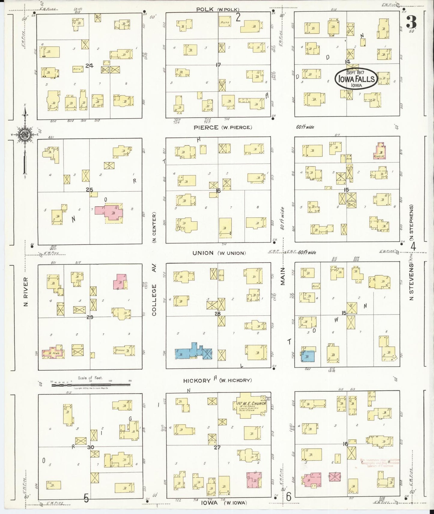 Sanborn Fire Insurance Map from Iowa Falls, Hardin County, Iowa (1917), Sheet #0003 - Historic Sanborn Fire Insurance Map Print, vintage old map wall art
