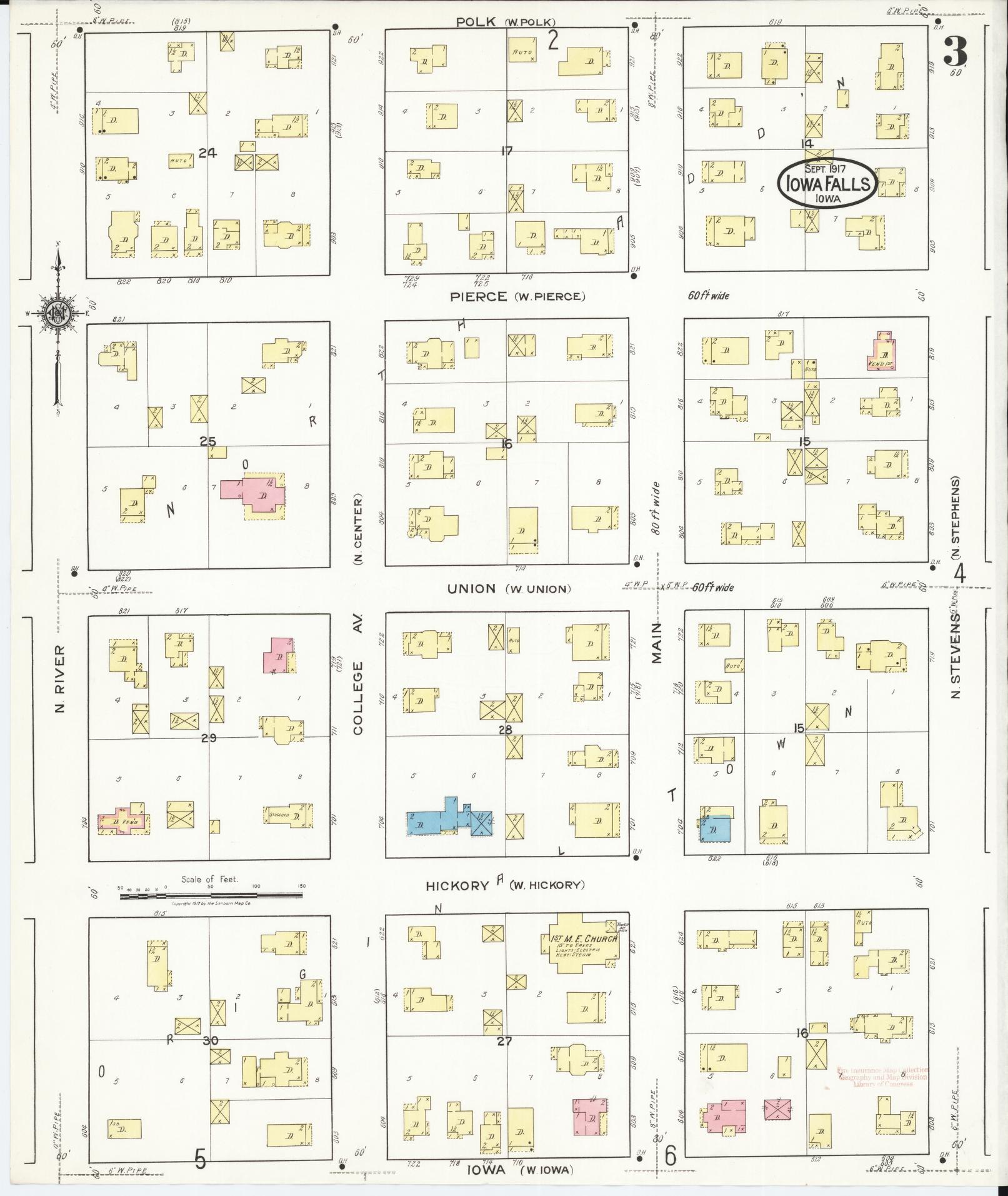 Sanborn Fire Insurance Map from Iowa Falls, Hardin County, Iowa (1917), Sheet #0003 - Historic Sanborn Fire Insurance Map Print, vintage old map wall art