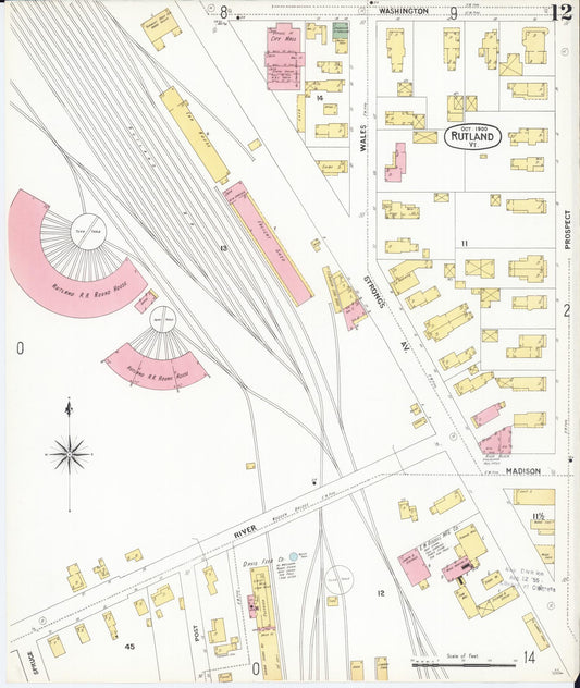 Sanborn Fire Insurance Map from Rutland, Rutland County, Vermont (1900), Sheet #0012 - Historic Sanborn Fire Insurance Map Print, vintage old map wall art, antique decor, genealogy gift, Vermont Vermont map