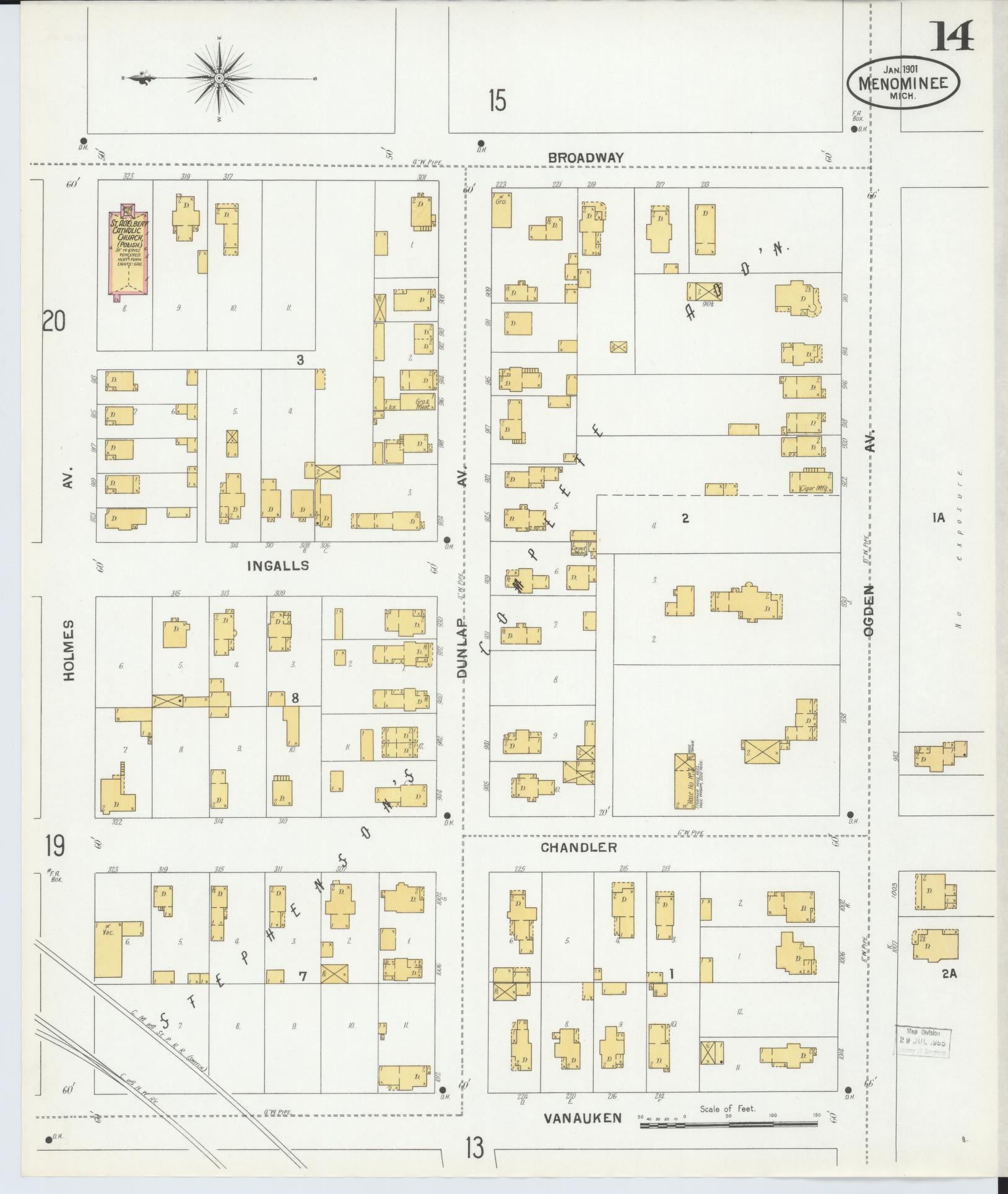 Sanborn Fire Insurance Map from Menominee, Menominee County, Michigan (1901), Sheet #0014 - Complete Map Set gallery image, historic Sanborn map, vintage wall art, Michigan Michigan