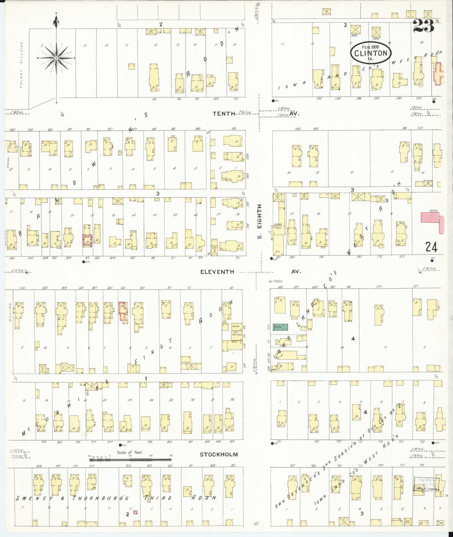 Sanborn Fire Insurance Map from Clinton, Clinton County, Iowa (1909), Sheet #0023 - Historic Sanborn Fire Insurance Map Print, vintage old map wall art