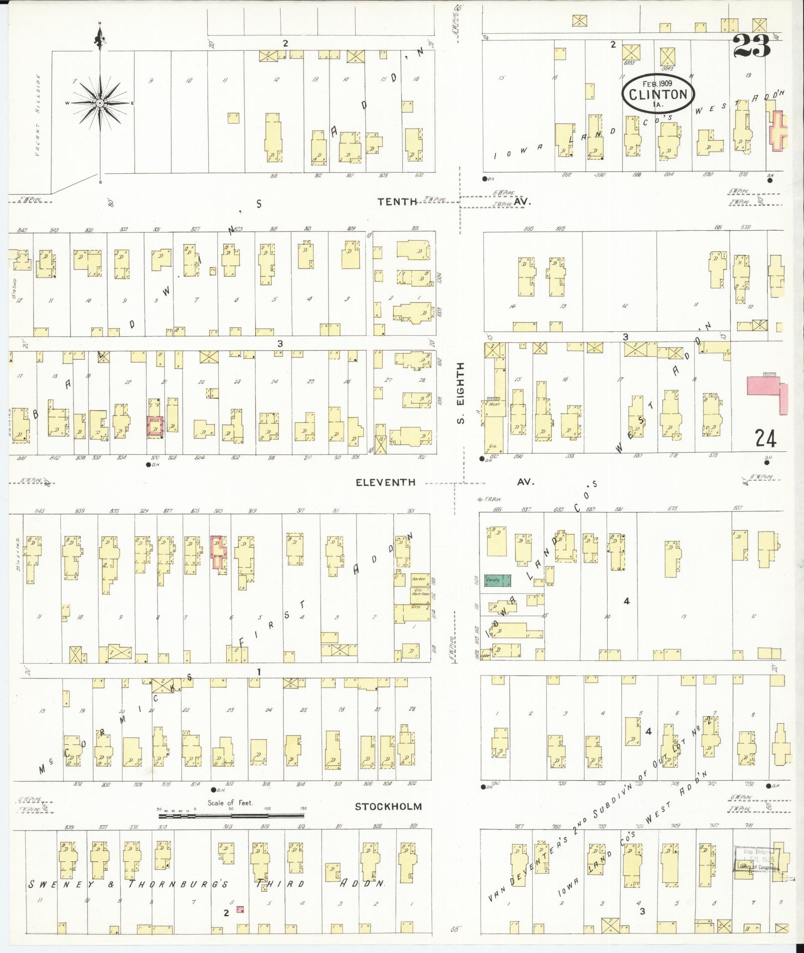 Sanborn Fire Insurance Map from Clinton, Clinton County, Iowa (1909), Sheet #0023 - Historic Sanborn Fire Insurance Map Print, vintage old map wall art
