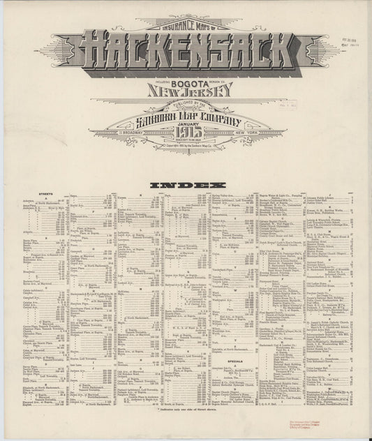Sanborn Fire Insurance Map from Hackensack, Bergen County, New Jersey (1915), Sheet #0001 - Historic Sanborn Fire Insurance Map Print, vintage old map wall art, antique decor, genealogy gift, New Jersey New Jersey map