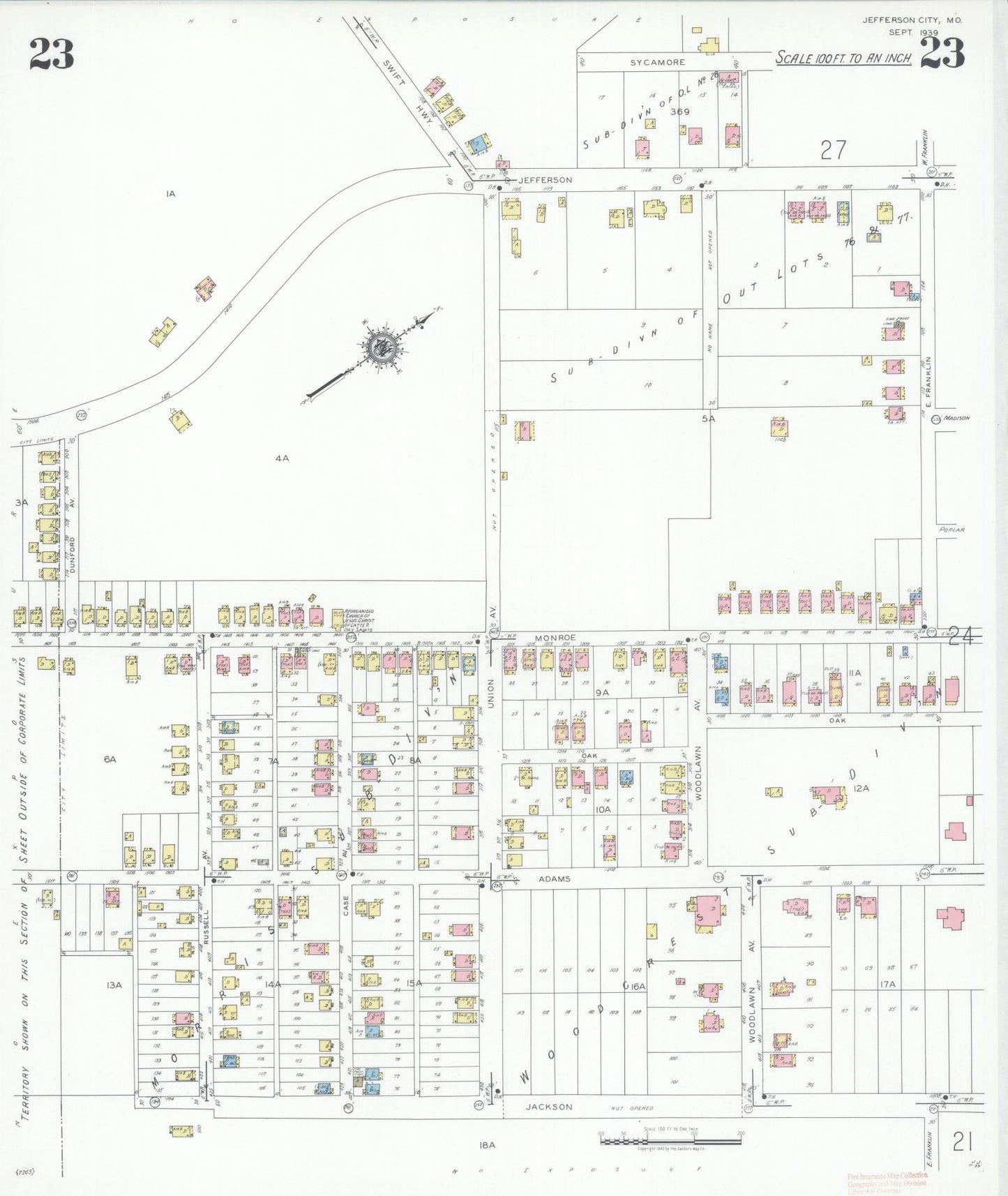 Sanborn Fire Insurance Map from Jefferson City, Cole County, Missouri (1939), Sheet #0023 - Historic Sanborn Fire Insurance Map Print, vintage old map wall art, antique decor, genealogy gift, Missouri Missouri map