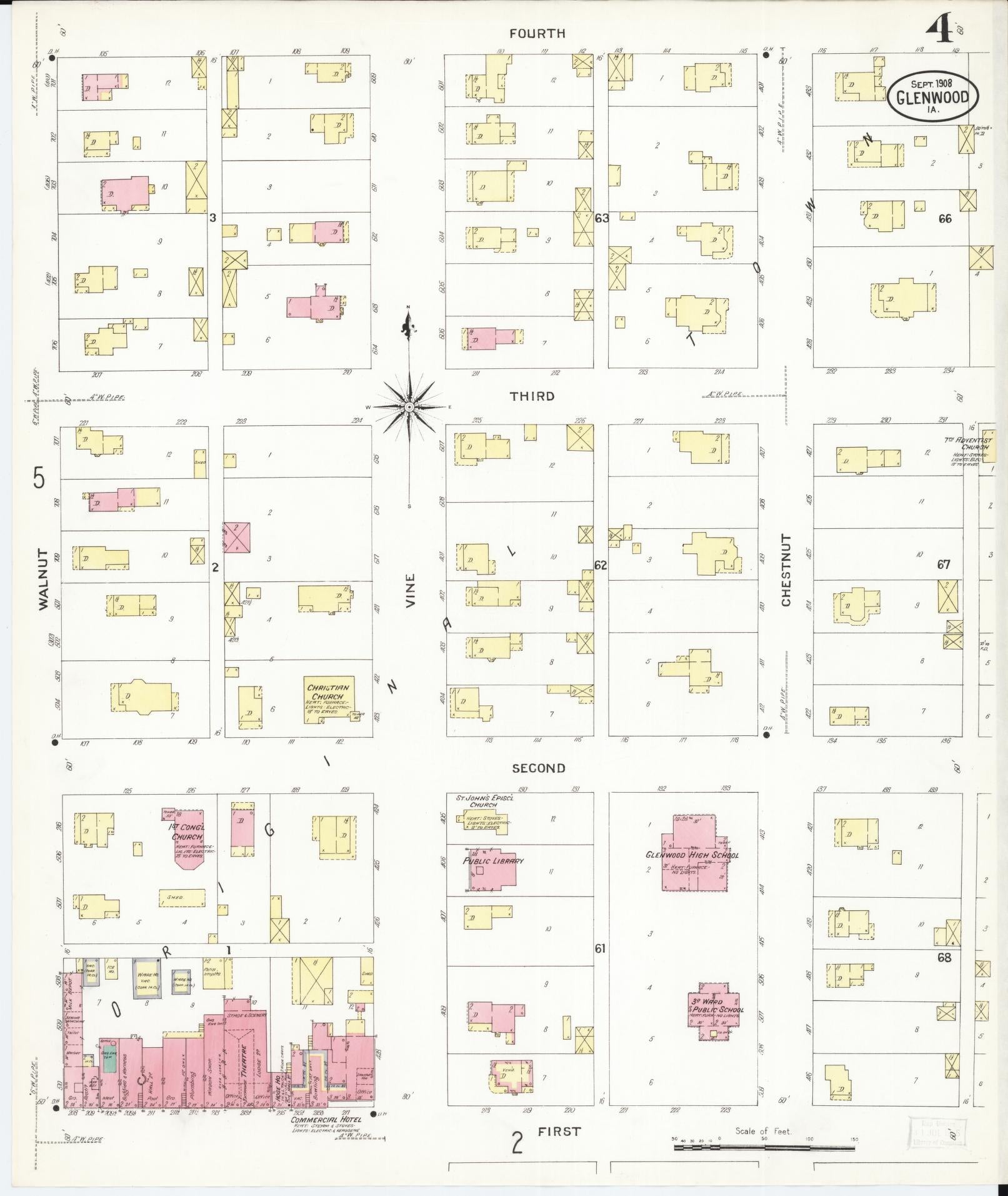 Sanborn Fire Insurance Map from Glenwood, Mills County, Iowa (1908), Sheet #0004 - Historic Sanborn Fire Insurance Map Print, vintage old map wall art