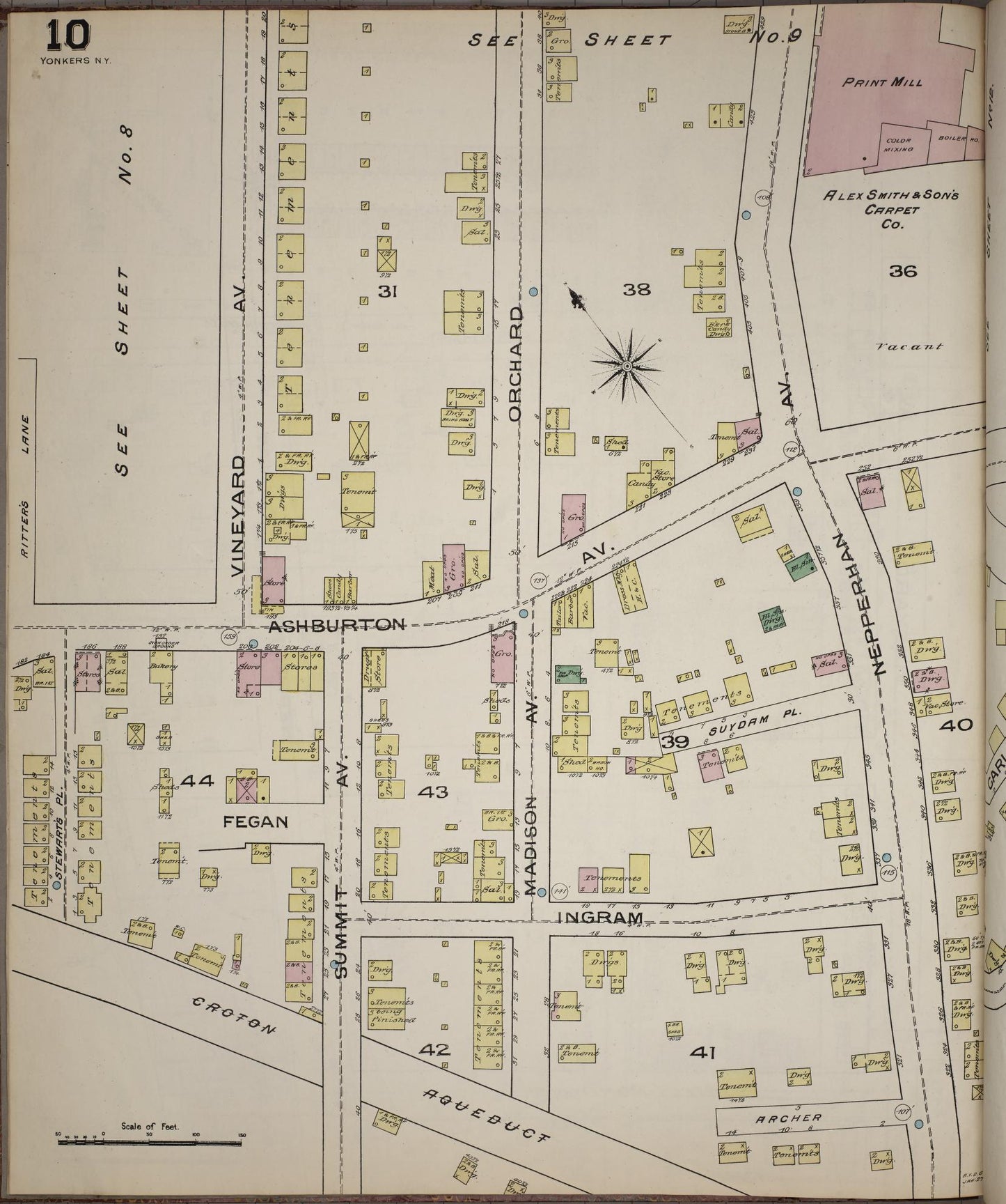 Sanborn Fire Insurance Map from Yonkers, Westchester County, New York (1886), Sheet #0010 - Historic Sanborn Fire Insurance Map Print, vintage old map wall art, antique decor, genealogy gift, New York New York map