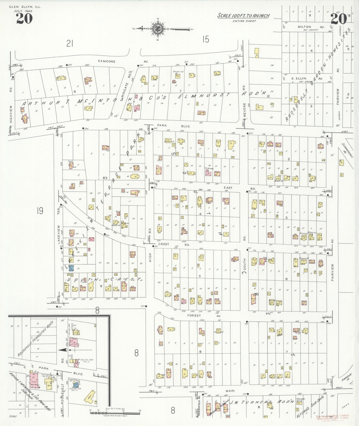 Sanborn Fire Insurance Map from Glen Ellyn, Du Page County, Illinois (1940), Sheet #0020 - Historic Sanborn Fire Insurance Map Print, vintage old map wall art, antique decor, genealogy gift, Illinois Illinois map