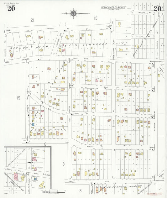Sanborn Fire Insurance Map from Glen Ellyn, Du Page County, Illinois (1940), Sheet #0020 - Historic Sanborn Fire Insurance Map Print, vintage old map wall art, antique decor, genealogy gift, Illinois Illinois map