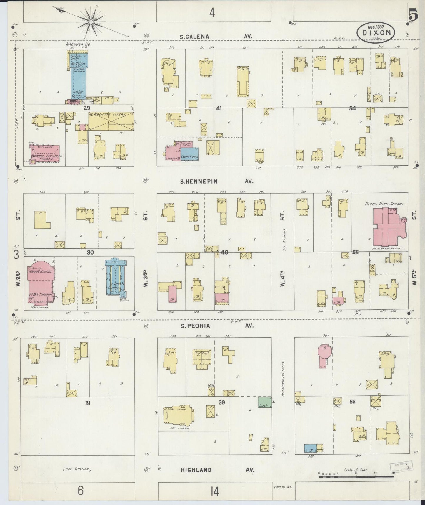 Sanborn Fire Insurance Map from Dixon, Lee County, Illinois (1897), Sheet #0005 - Complete Map Set gallery image, historic Sanborn map, vintage wall art, Illinois Illinois