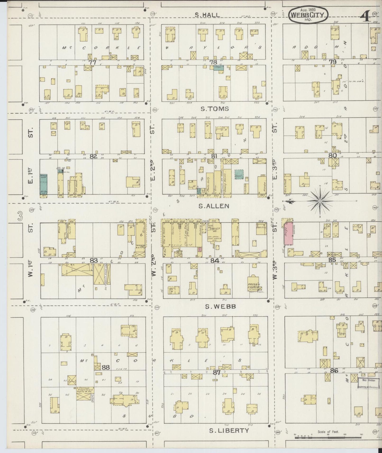 Sanborn Fire Insurance Map from Webb City, Jasper County, Missouri (1893), Sheet #0004 - Complete Map Set gallery image, historic Sanborn map, vintage wall art, Missouri Missouri