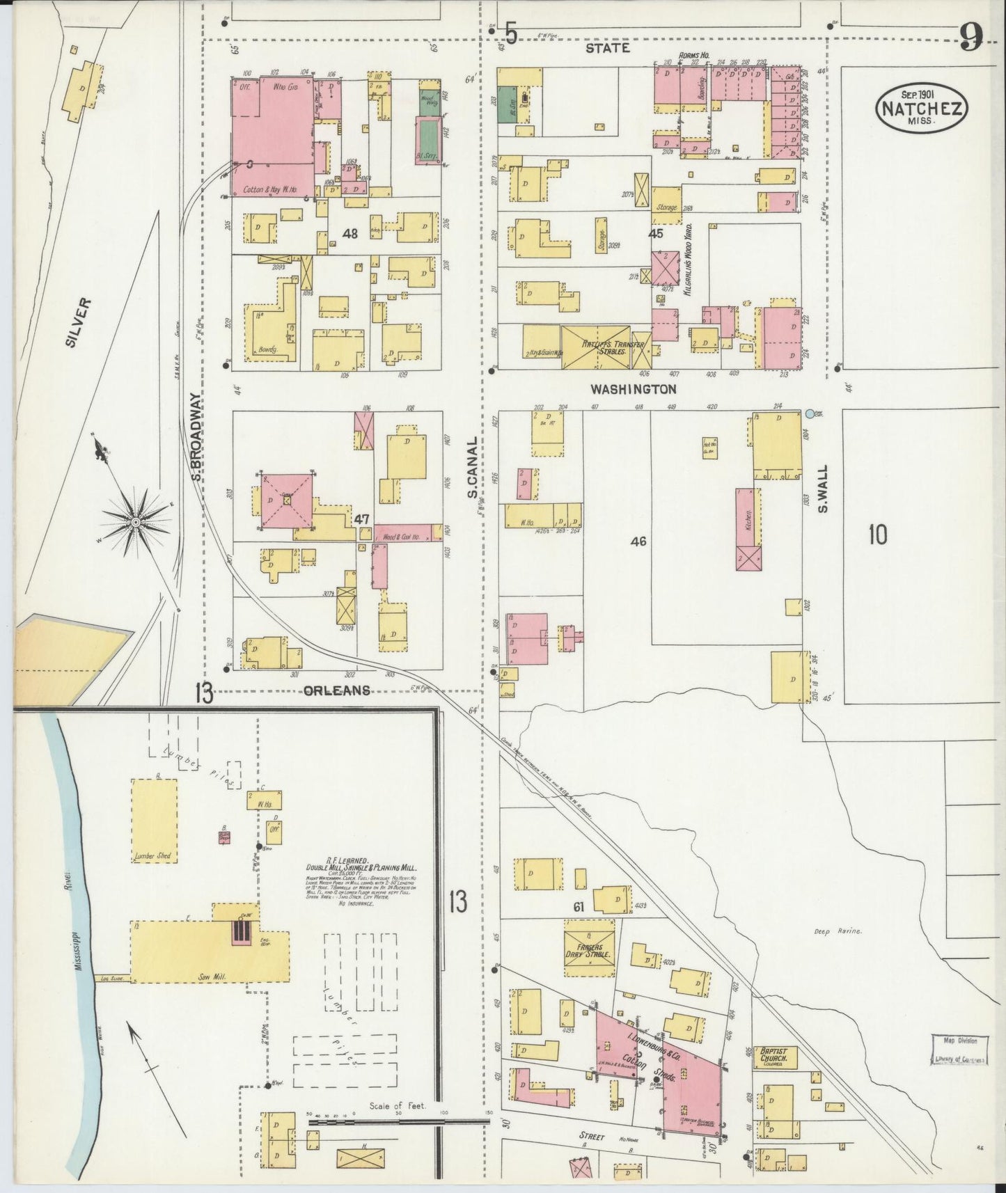 Sanborn Fire Insurance Map from Natchez, Adams County, Mississippi (1901), Sheet #0009 - Complete Map Set gallery image, historic Sanborn map, vintage wall art, Mississippi Mississippi