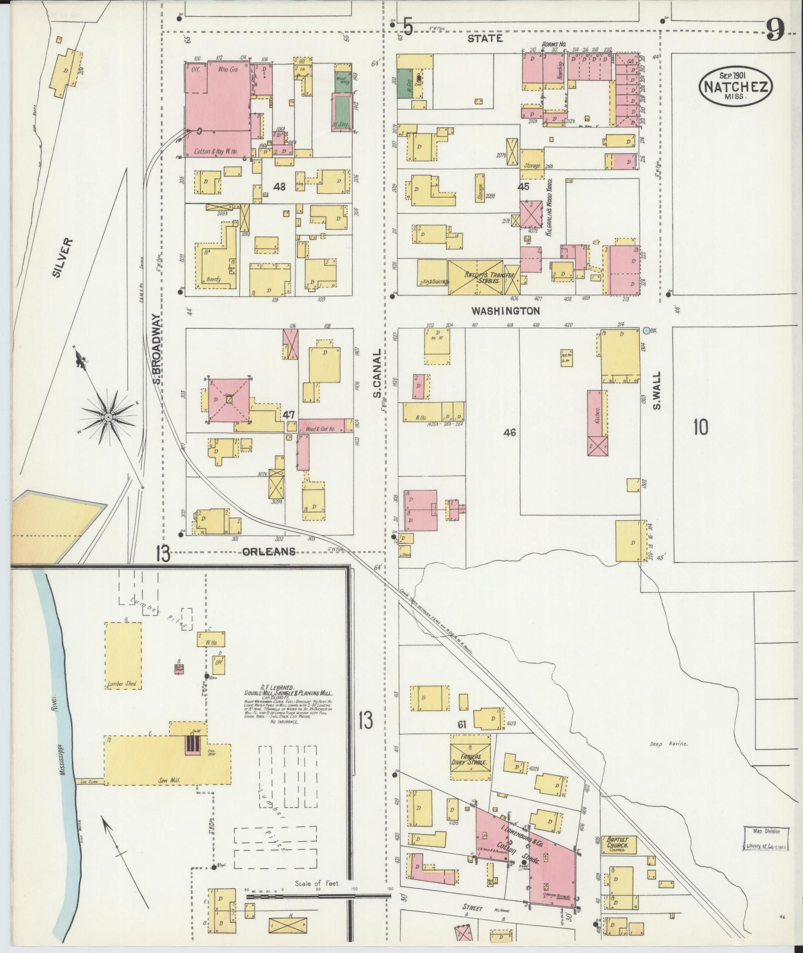 Sanborn Fire Insurance Map from Natchez, Adams County, Mississippi (1901), Sheet #0009 - Complete Map Set gallery image, historic Sanborn map, vintage wall art, Mississippi Mississippi