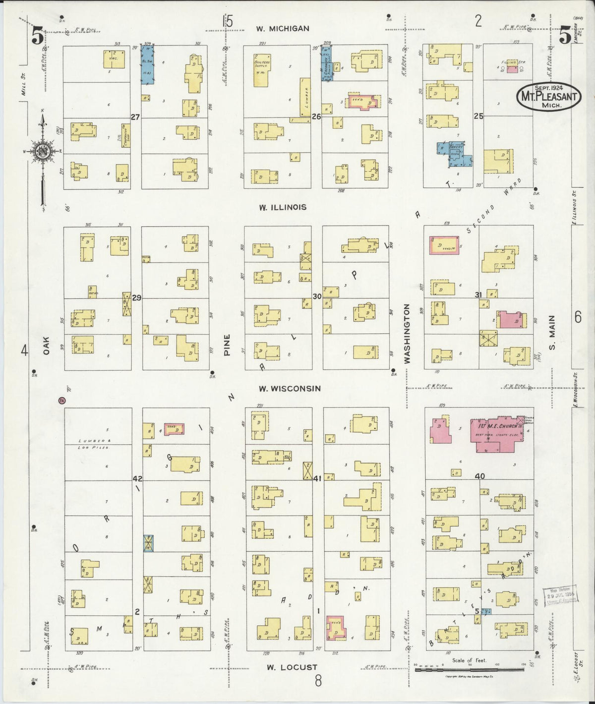Sanborn Fire Insurance Map from Mount Pleasant, Isabella County, Michigan (1924), Sheet #0005 - Historic Sanborn Fire Insurance Map Print, vintage old map wall art, antique decor, genealogy gift, Michigan Michigan map
