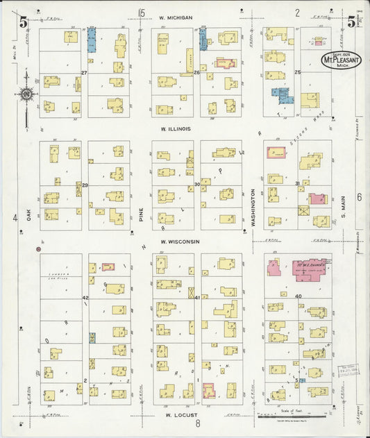 Sanborn Fire Insurance Map from Mount Pleasant, Isabella County, Michigan (1924), Sheet #0005 - Historic Sanborn Fire Insurance Map Print, vintage old map wall art, antique decor, genealogy gift, Michigan Michigan map
