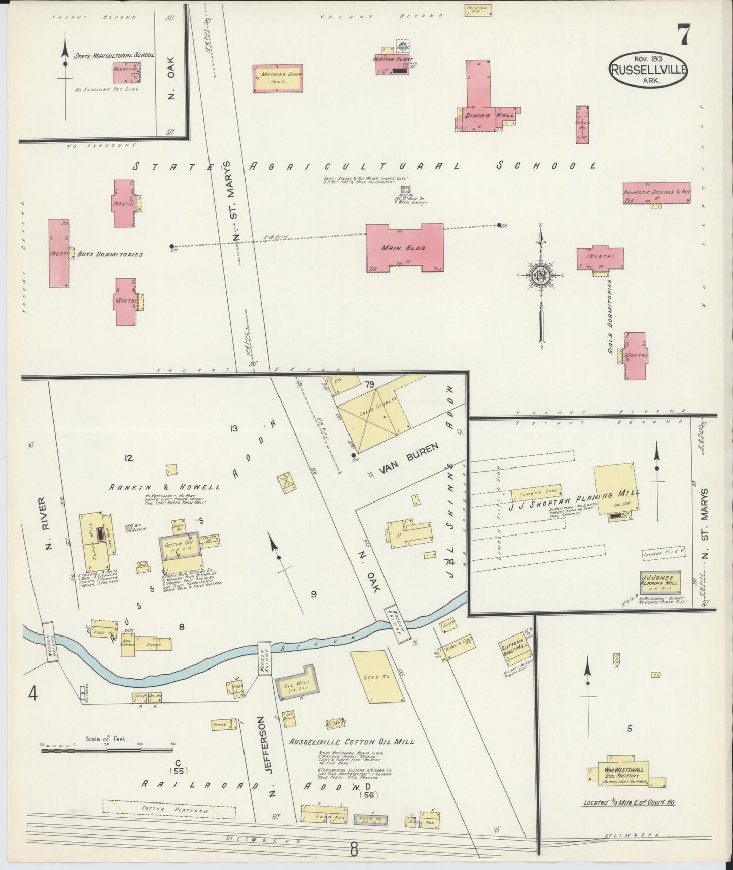 Sanborn Fire Insurance Map from Russellville, Pope County, Arkansas (1913), Sheet #0007 - Complete Map Set gallery image, historic Sanborn map, vintage wall art, Arkansas Arkansas