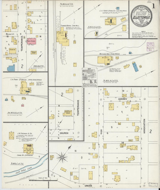 Sanborn Fire Insurance Map from Ellettsville, Monroe County, Indiana (1902), Sheet #0001 - Historic Sanborn Fire Insurance Map Print, vintage old map wall art, antique decor, genealogy gift, Indiana Indiana map