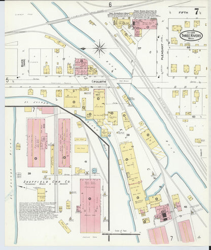 Sanborn Fire Insurance Map from Three Rivers, Saint Joseph County, Michigan (1909), Sheet #0007 - Historic Sanborn Fire Insurance Map Print, vintage old map wall art, antique decor, genealogy gift, Michigan Michigan map