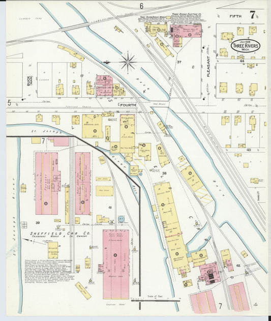 Sanborn Fire Insurance Map from Three Rivers, Saint Joseph County, Michigan (1909), Sheet #0007 - Historic Sanborn Fire Insurance Map Print, vintage old map wall art, antique decor, genealogy gift, Michigan Michigan map
