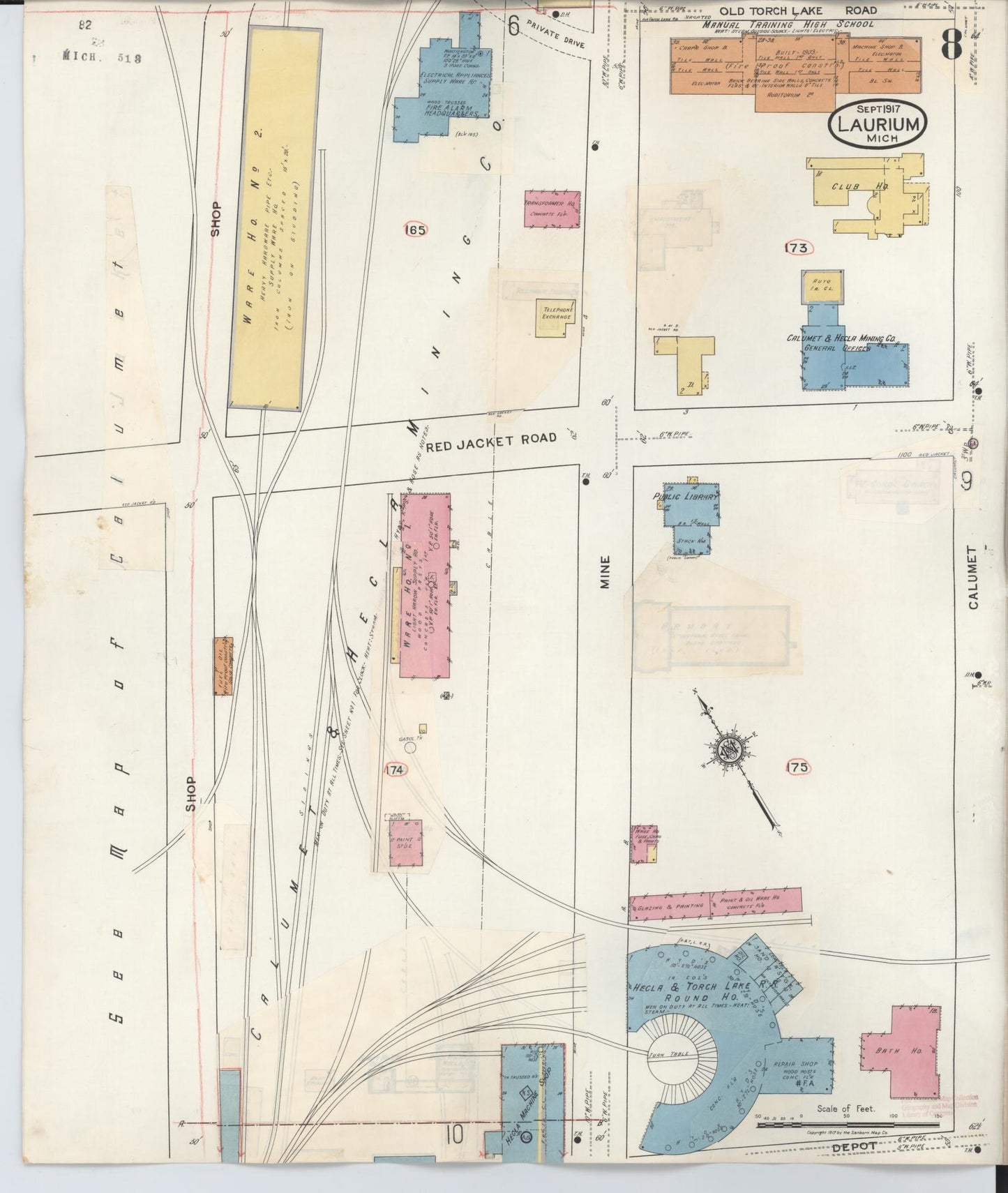 Sanborn Fire Insurance Map from Laurium, Houghton County, Michigan (1949), Sheet #0008 - Complete Map Set gallery image, historic Sanborn map, vintage wall art, Michigan Michigan