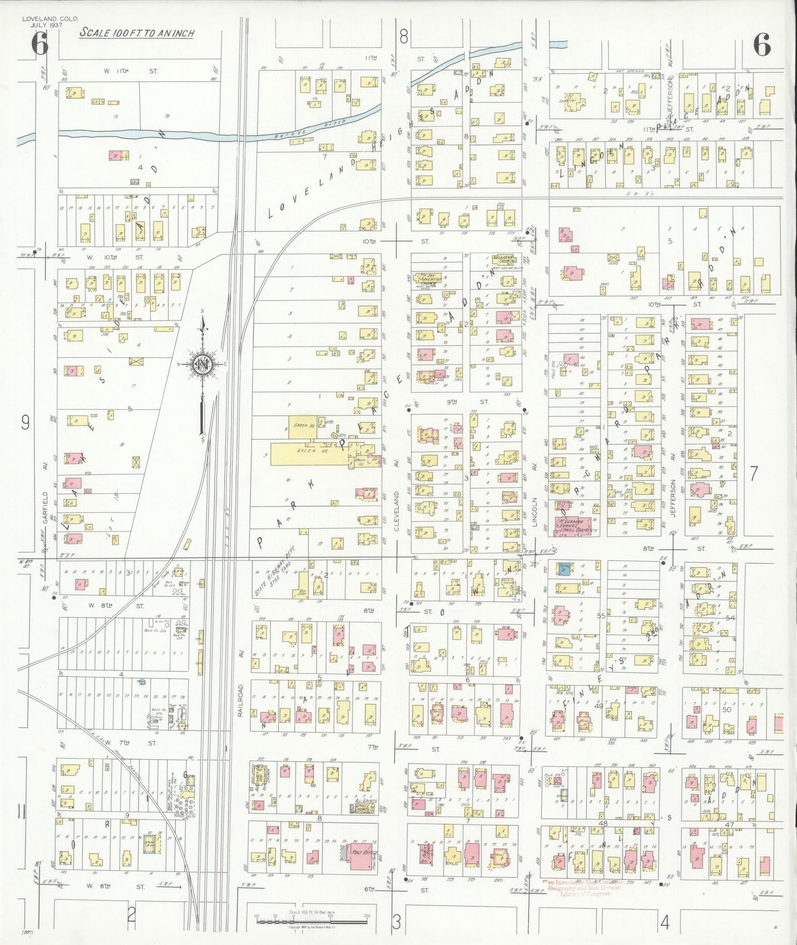 Sanborn Fire Insurance Map from Loveland, Larimer County, Colorado (1937), Sheet #0006 - Historic Sanborn Fire Insurance Map Print, vintage old map wall art, antique decor, genealogy gift, Colorado Colorado map