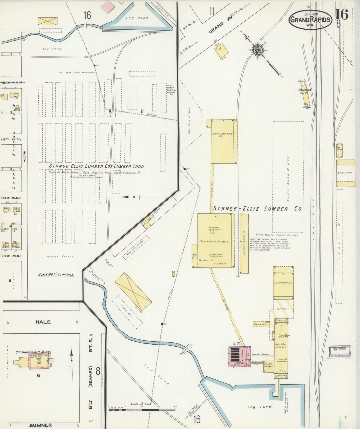 Sanborn Fire Insurance Map from Grand Rapids, Wood County, Wisconsin (1909), Sheet #0016 - Historic Sanborn Fire Insurance Map Print, vintage old map wall art, antique decor, genealogy gift, Wisconsin Wisconsin map