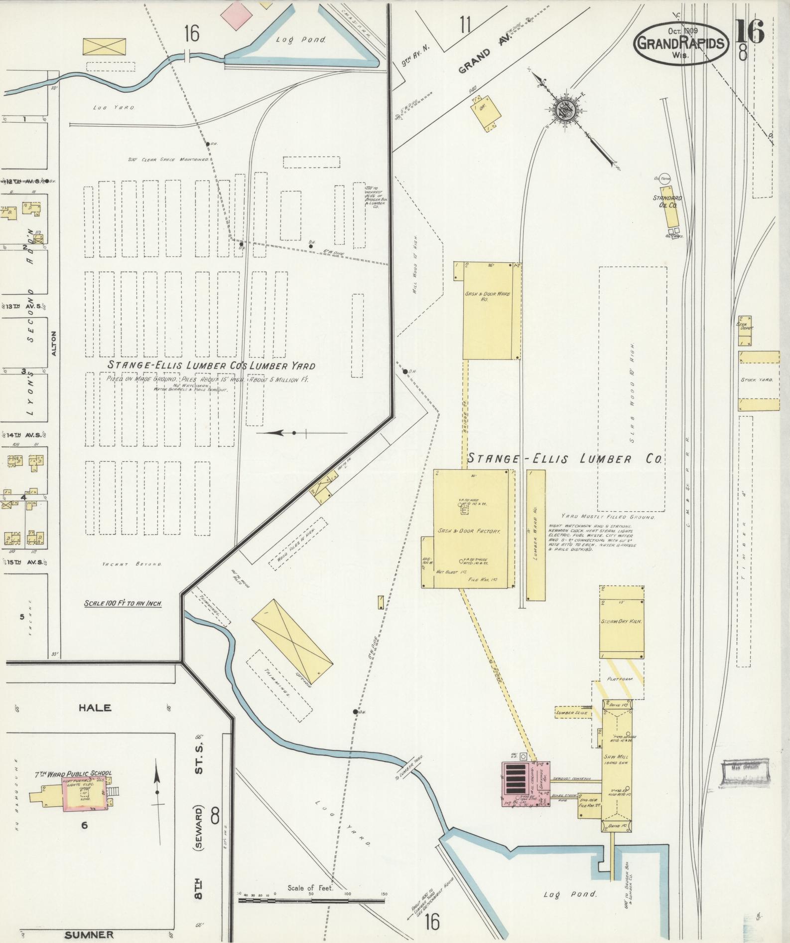 Sanborn Fire Insurance Map from Grand Rapids, Wood County, Wisconsin (1909), Sheet #0016 - Historic Sanborn Fire Insurance Map Print, vintage old map wall art, antique decor, genealogy gift, Wisconsin Wisconsin map