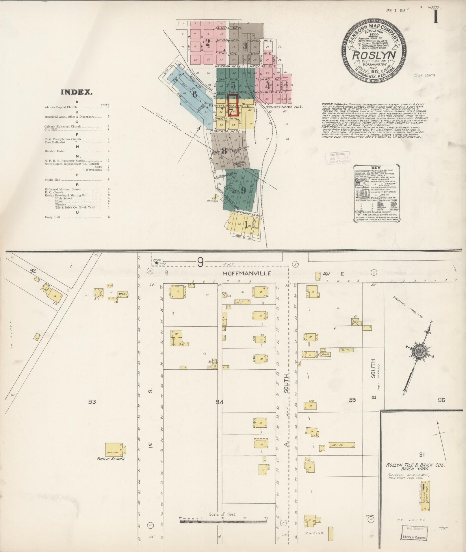 Sanborn Fire Insurance Map from Roslyn, Kittitas County, Washington (1912), Sheet #0001 - Complete Map Set gallery image, historic Sanborn map, vintage wall art, Washington Washington