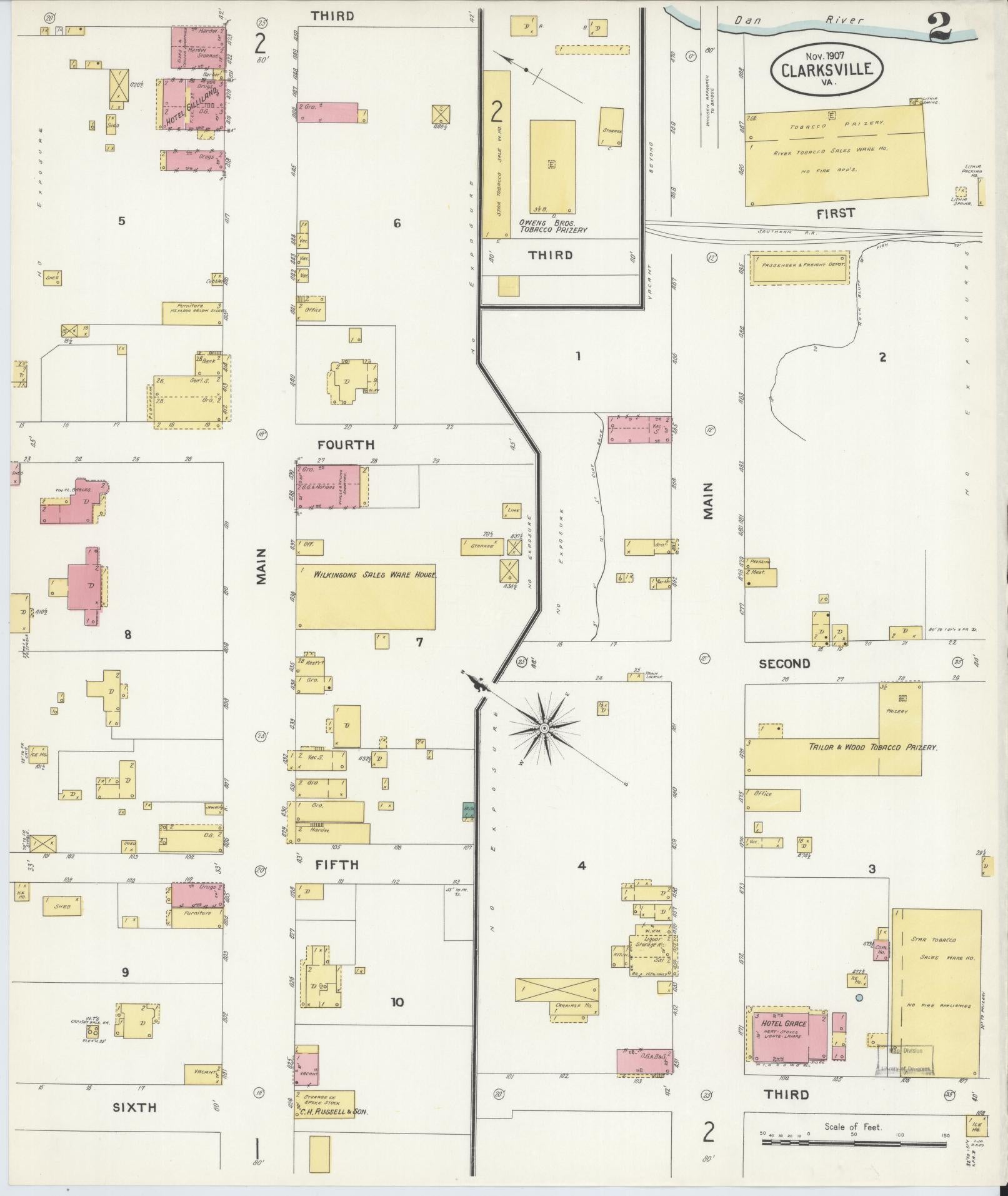 Sanborn Fire Insurance Map from Clarksville, Mecklenburg County, Virginia (1907), Sheet #0002 - Complete Map Set gallery image, historic Sanborn map, vintage wall art, Virginia Virginia