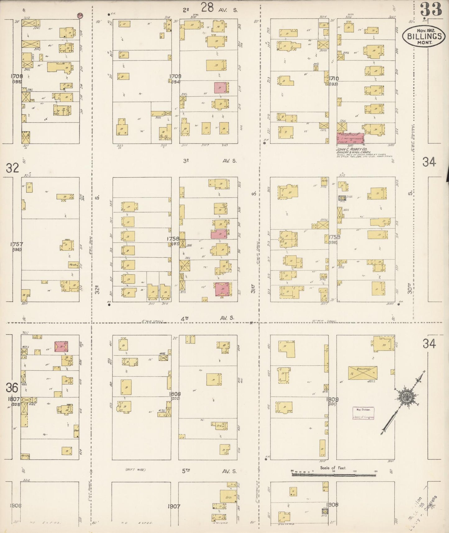 Sanborn Fire Insurance Map from Billings, Yellowstone County, Montana (1912), Sheet #0033 - Historic Sanborn Fire Insurance Map Print, vintage old map wall art, antique decor, genealogy gift, Montana Montana map