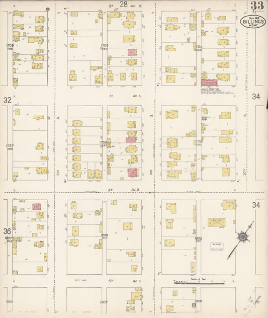 Sanborn Fire Insurance Map from Billings, Yellowstone County, Montana (1912), Sheet #0033 - Historic Sanborn Fire Insurance Map Print, vintage old map wall art, antique decor, genealogy gift, Montana Montana map