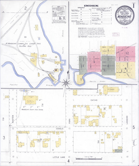 Sanborn Fire Insurance Map from Mendocino, Mendocino County, California (1909), Sheet #0001 - Historic Sanborn Fire Insurance Map Print, vintage old map wall art, antique decor, genealogy gift, California California map