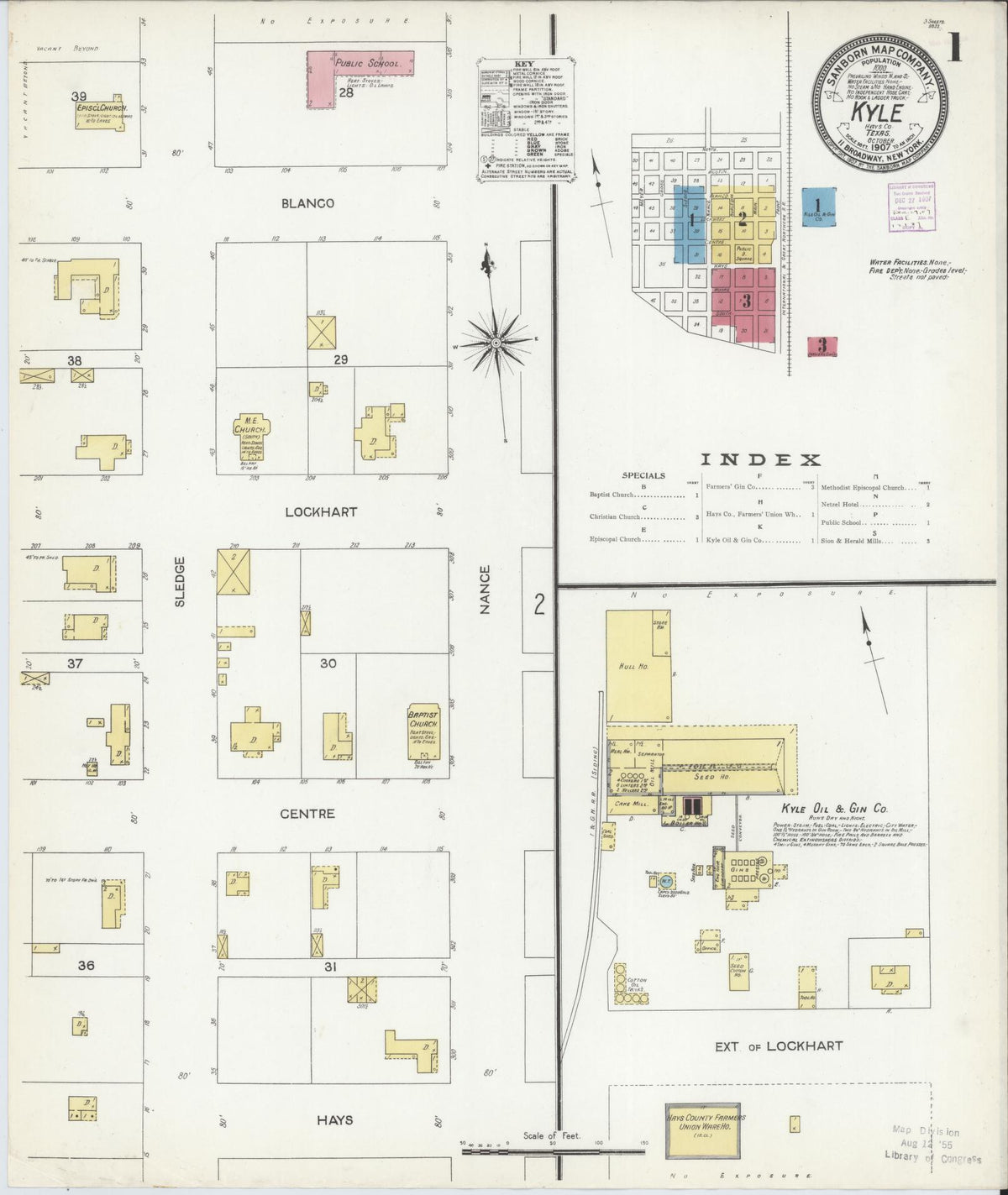 Sanborn Fire Insurance Map from Kyle, Hays County, Texas (1907), Sheet #0001 - Historic Sanborn Fire Insurance Map Print, vintage old map wall art, antique decor, genealogy gift, Texas Texas map