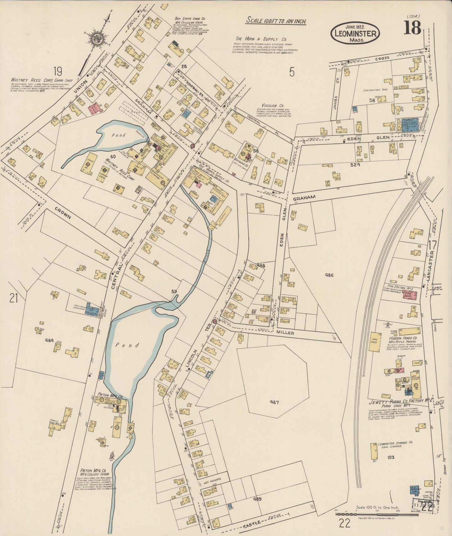 Sanborn Fire Insurance Map from Leominster, Worcester County, Massachusetts (1922), Sheet #0018 - Complete Map Set gallery image, historic Sanborn map, vintage wall art, Massachusetts Massachusetts