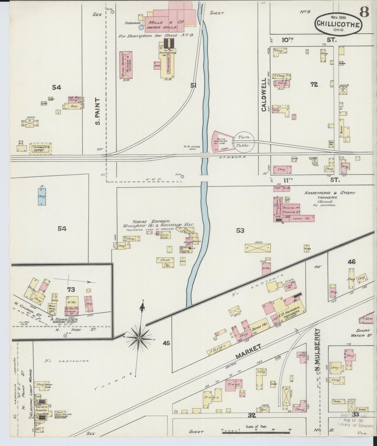 Sanborn Fire Insurance Map from Chillicothe, Ross County, Ohio (1890), Sheet #0008 - Historic Sanborn Fire Insurance Map Print, vintage old map wall art, antique decor, genealogy gift, Ohio Ohio map