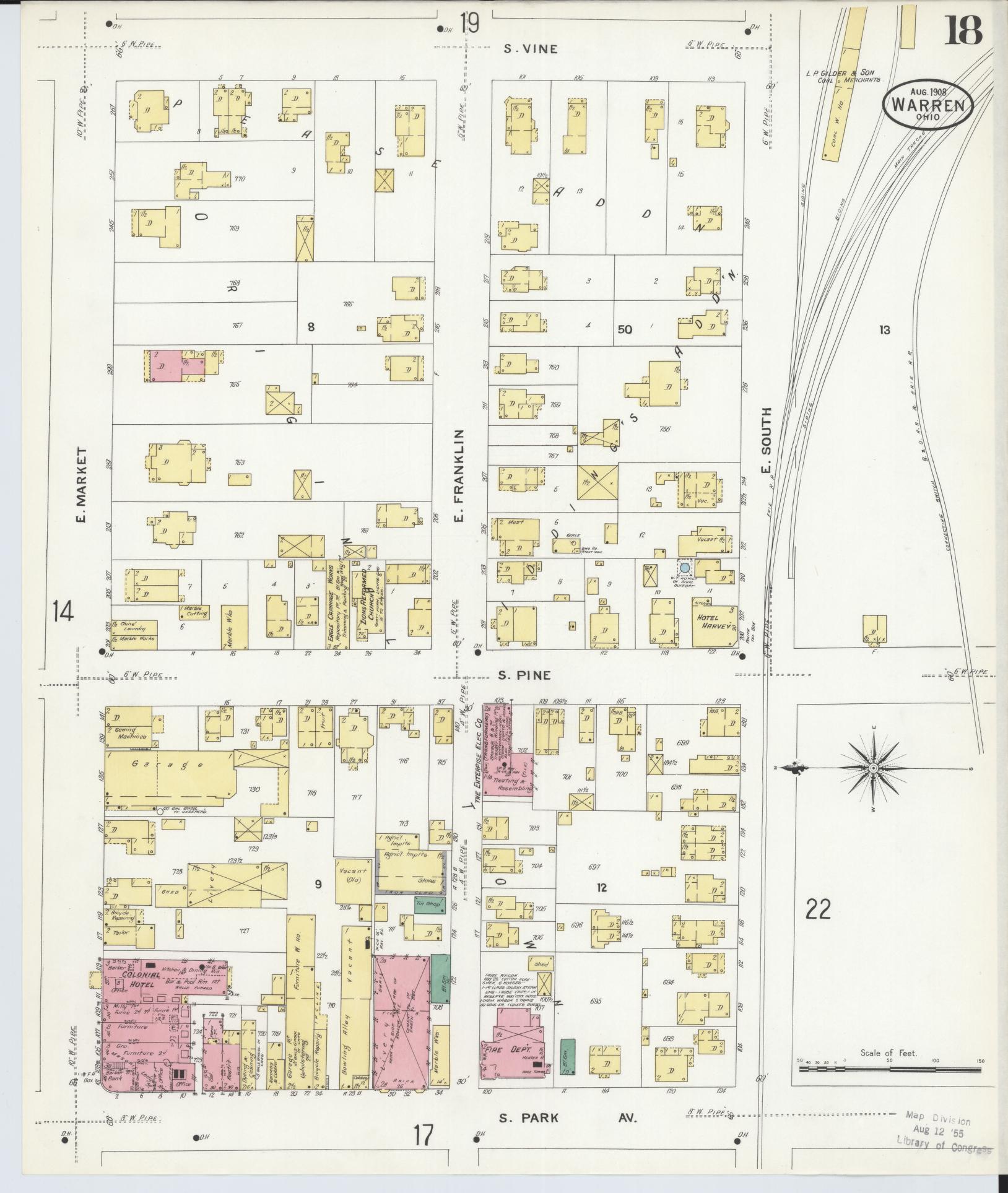 Sanborn Fire Insurance Map from Warren, Trumbull County, Ohio (1908), Sheet #0018 - Historic Sanborn Fire Insurance Map Print, vintage old map wall art, antique decor, genealogy gift, Ohio Ohio map