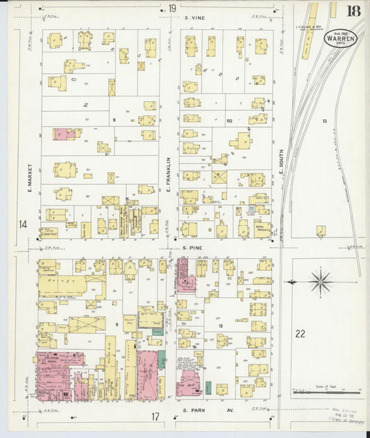 Sanborn Fire Insurance Map from Warren, Trumbull County, Ohio (1908), Sheet #0018 - Historic Sanborn Fire Insurance Map Print, vintage old map wall art, antique decor, genealogy gift, Ohio Ohio map