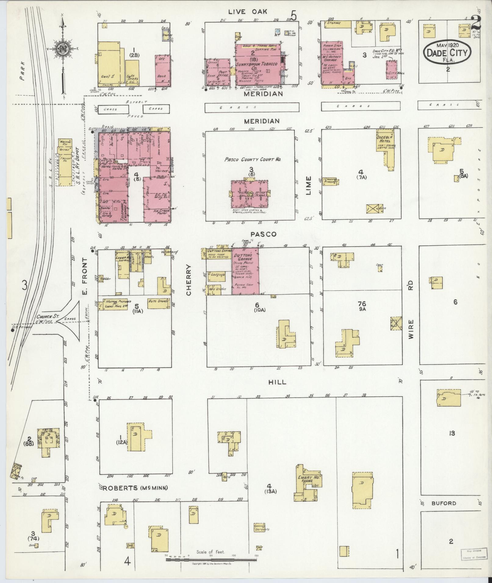 Sanborn Fire Insurance Map from Dade City, Pasco County, Florida (1920), Sheet #0002 - Historic Sanborn Fire Insurance Map Print, vintage old map wall art, antique decor, genealogy gift, Florida Florida map