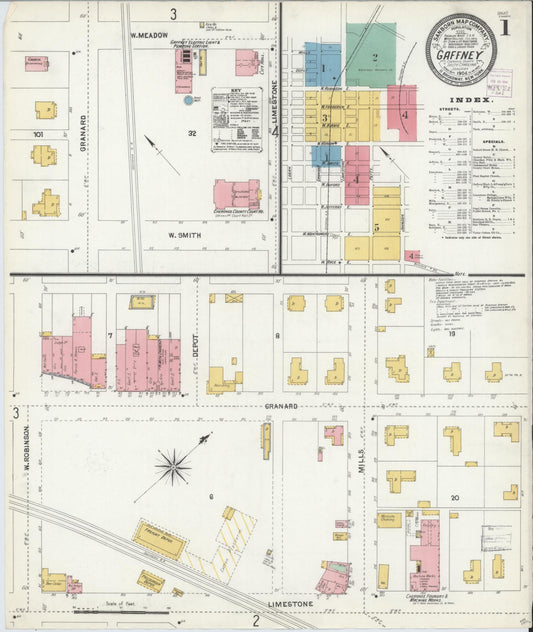 Sanborn Fire Insurance Map from Gaffney, Cherokee County, South Carolina (1904), Sheet #0001 - Complete Map Set gallery image, historic Sanborn map, vintage wall art, South Carolina South Carolina