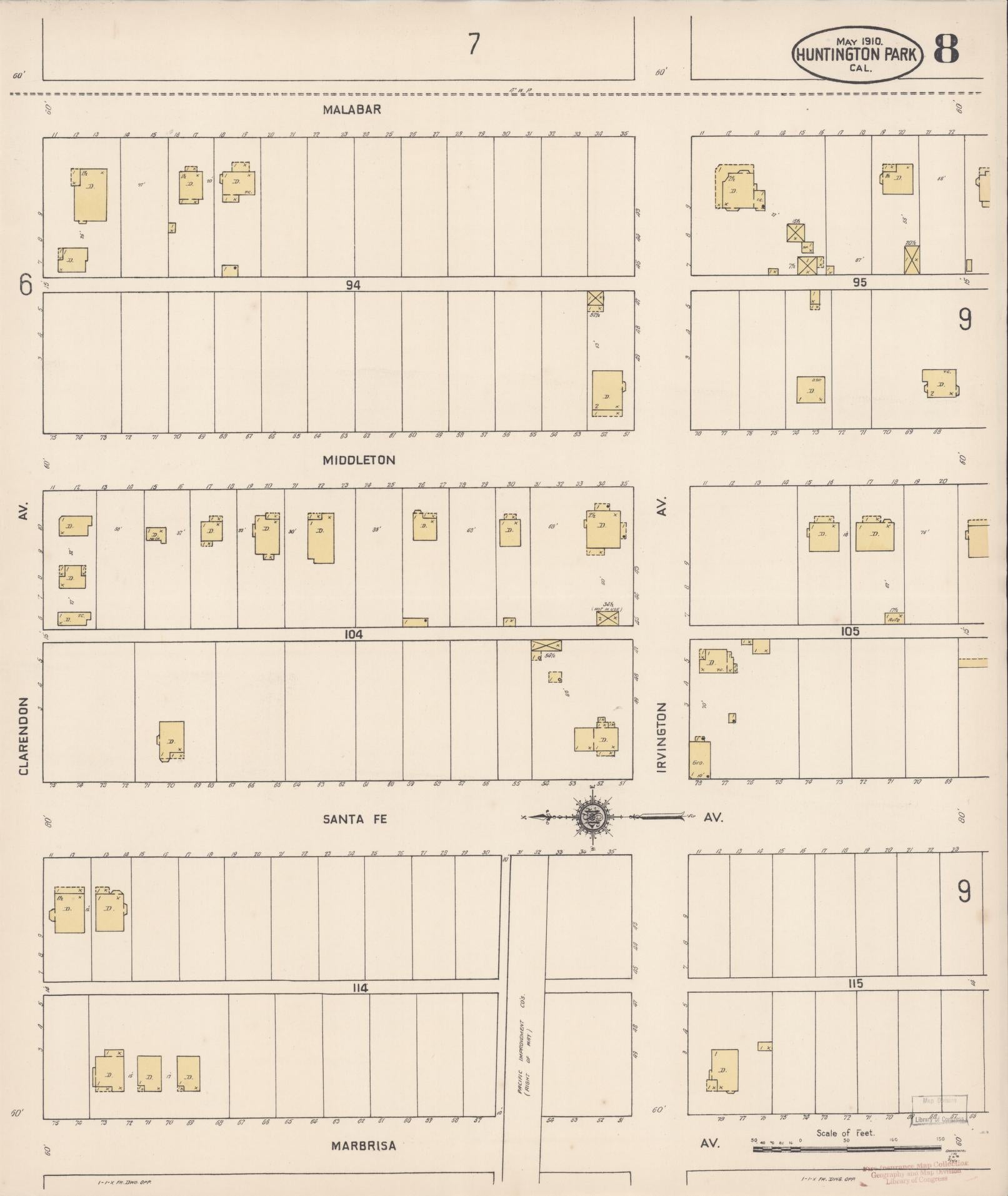 Sanborn Fire Insurance Map from Huntington Park, Los Angeles County, California (1910), Sheet #0008 - Historic Sanborn Fire Insurance Map Print, vintage old map wall art, antique decor, genealogy gift, California California map