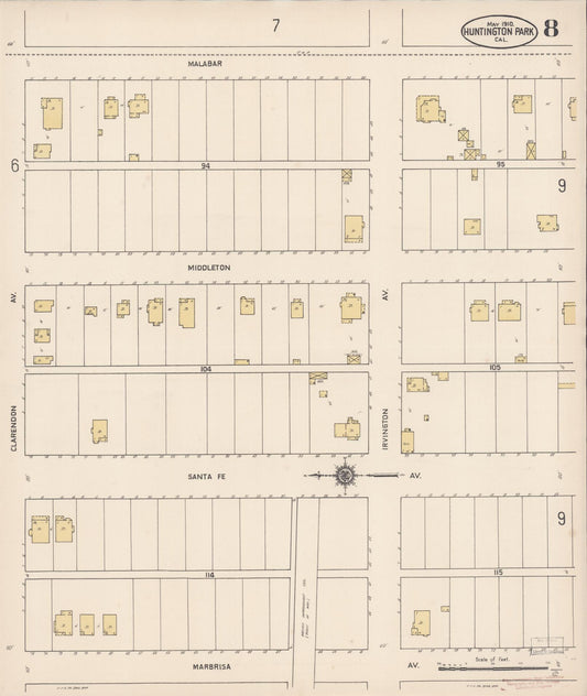 Sanborn Fire Insurance Map from Huntington Park, Los Angeles County, California (1910), Sheet #0008 - Historic Sanborn Fire Insurance Map Print, vintage old map wall art, antique decor, genealogy gift, California California map