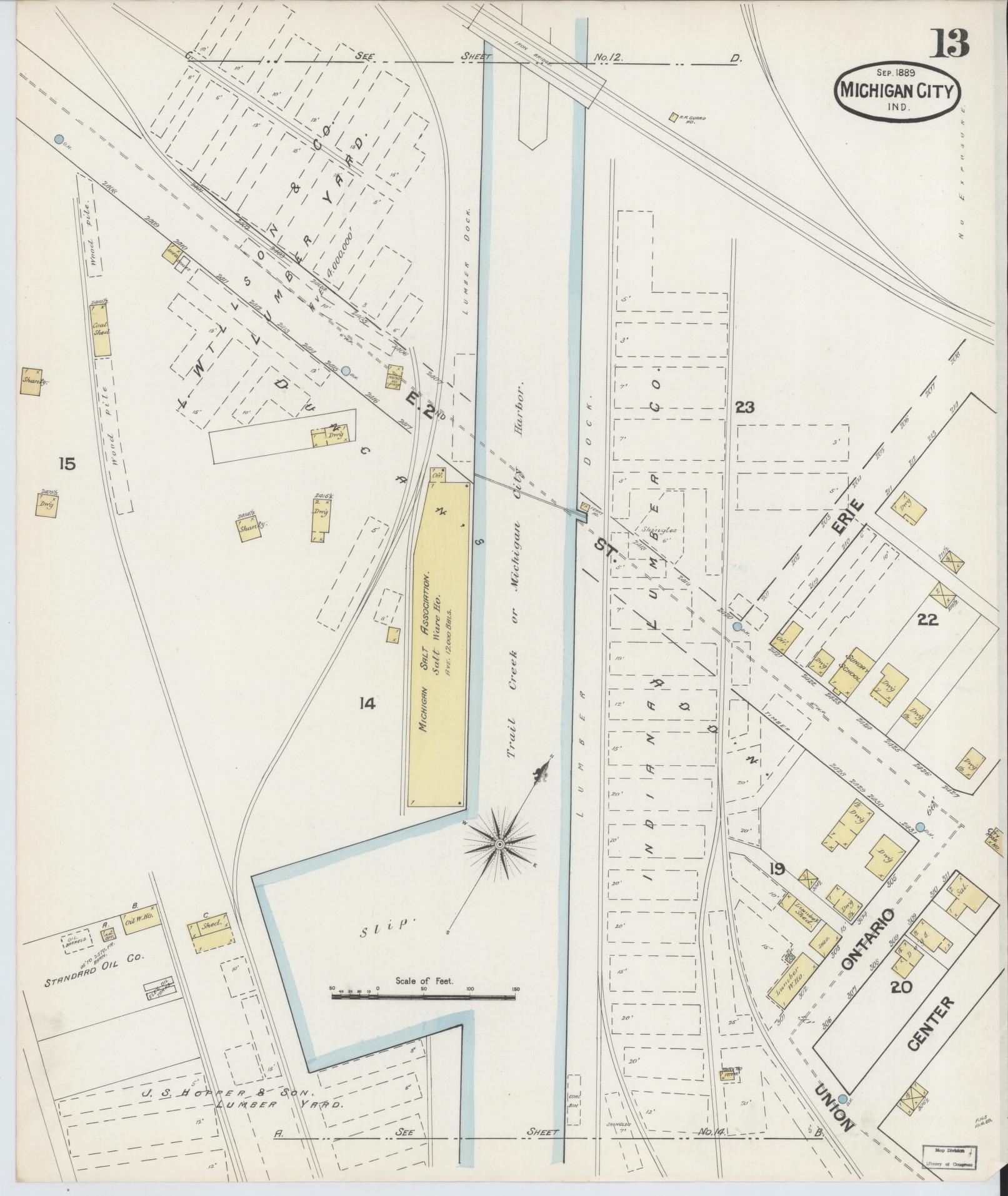 Sanborn Fire Insurance Map from Michigan City, La Porte County, Indiana (1889), Sheet #0013 - Historic Sanborn Fire Insurance Map Print, vintage old map wall art, antique decor, genealogy gift, Michigan Michigan map