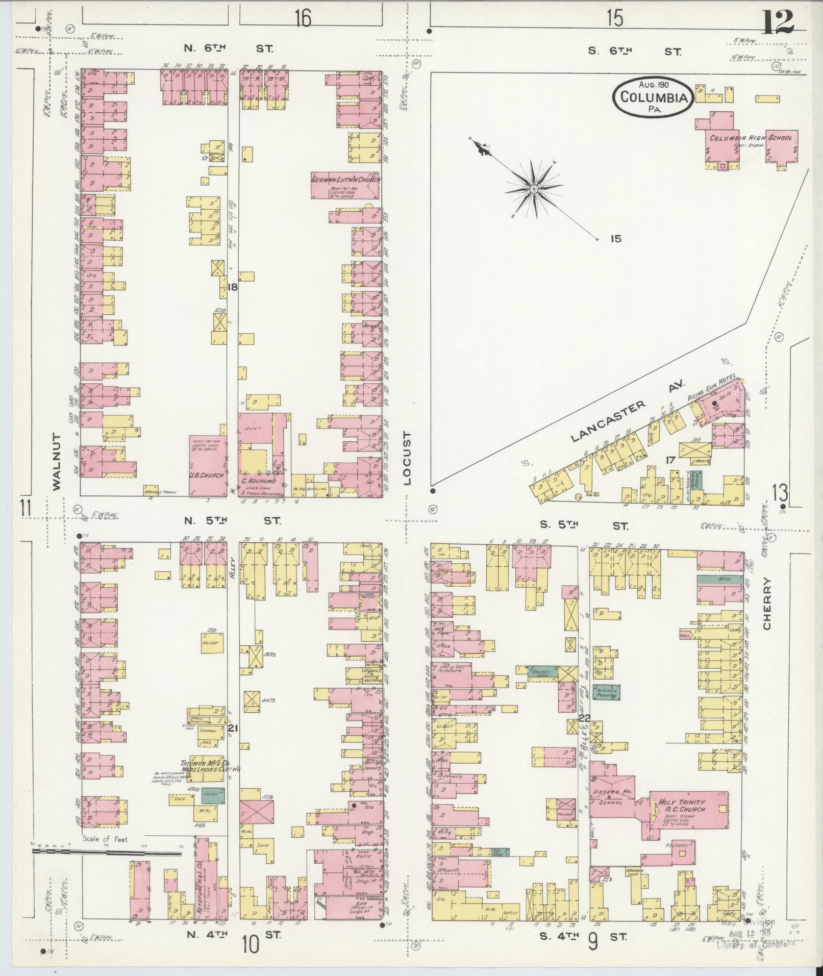 Sanborn Fire Insurance Map from Columbia, Lancaster County, Pennsylvania (1909), Sheet #0012 - Historic Sanborn Fire Insurance Map Print, vintage old map wall art, antique decor, genealogy gift, Pennsylvania Pennsylvania map