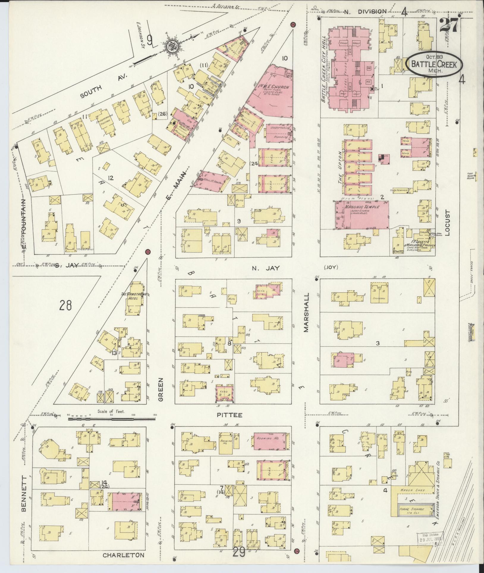 Sanborn Fire Insurance Map from Battle Creek, Calhoun County, Michigan (1913), Sheet #0027 - Historic Sanborn Fire Insurance Map Print, vintage old map wall art, antique decor, genealogy gift, Michigan Michigan map
