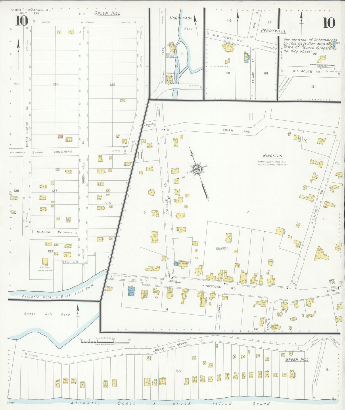 Sanborn Fire Insurance Map from South Kingstown, Washington County, Rhode Island (1935), Sheet #0010 - Historic Sanborn Fire Insurance Map Print, vintage old map wall art, antique decor, genealogy gift, Rhode Island Rhode Island map
