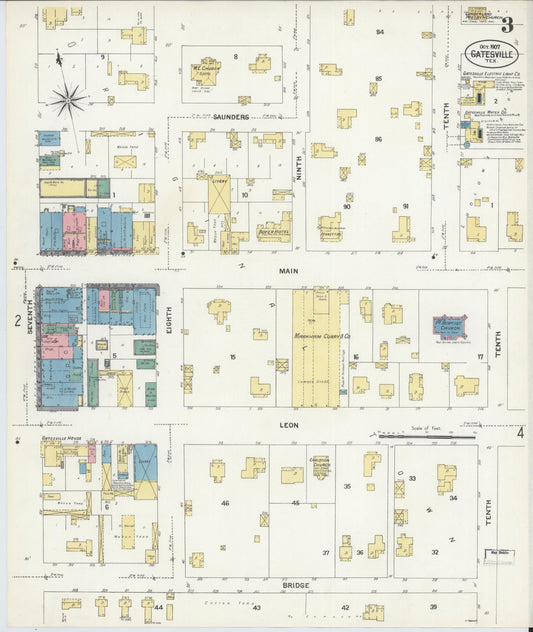 Sanborn Fire Insurance Map from Gatesville, Coryell County, Texas (1907), Sheet #0003 - Historic Sanborn Fire Insurance Map Print, vintage old map wall art, antique decor, genealogy gift, Texas Texas map