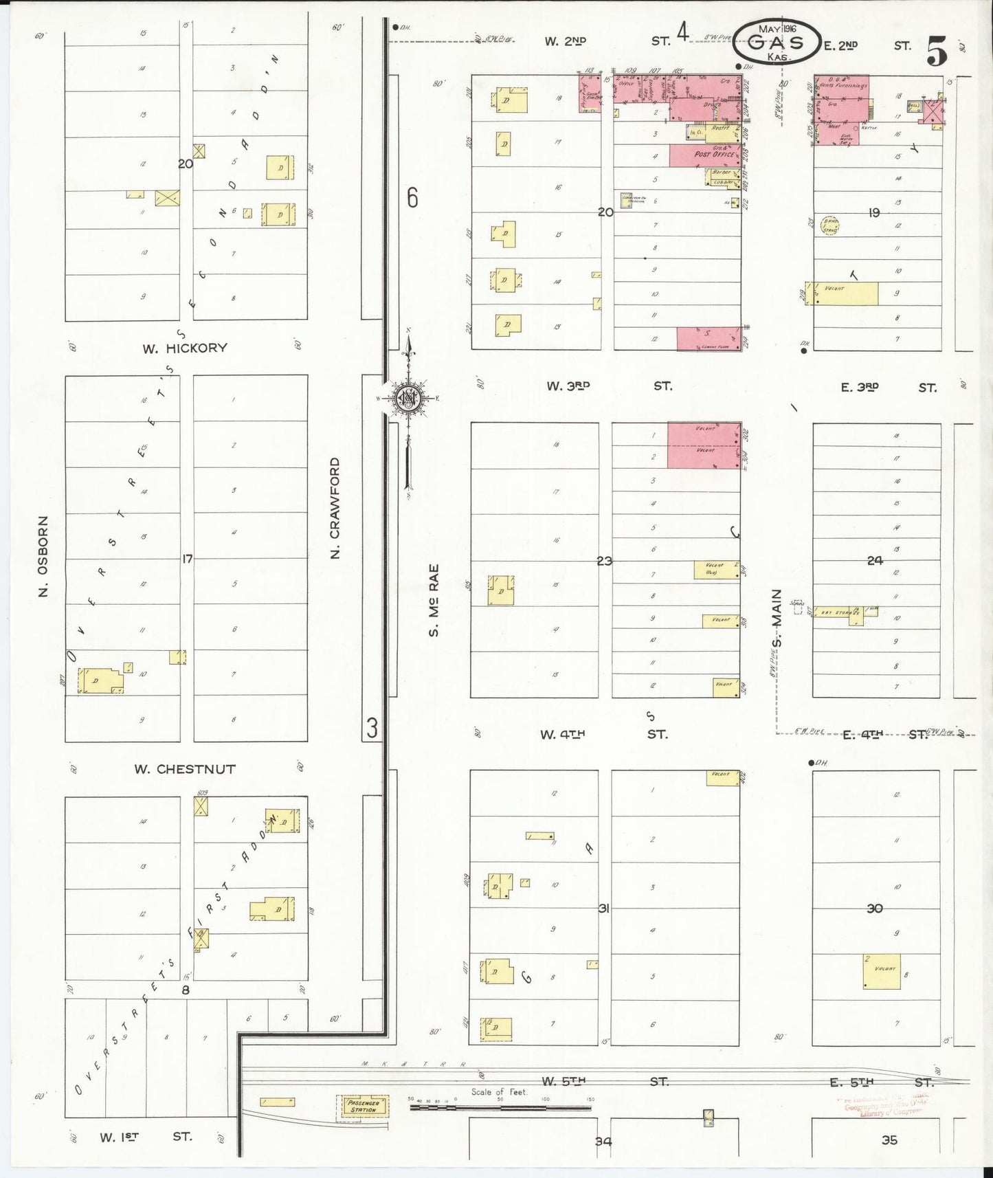 Sanborn Fire Insurance Map from Gas, Allen County, Kansas (1916), Sheet #0005 - Complete Map Set gallery image, historic Sanborn map, vintage wall art, Kansas Kansas