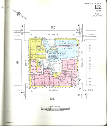 Sanborn Fire Insurance Map from Honolulu, Oahu County, Hawaii (1955), Sheet #0122 - Historic Sanborn Fire Insurance Map Print, vintage old map wall art